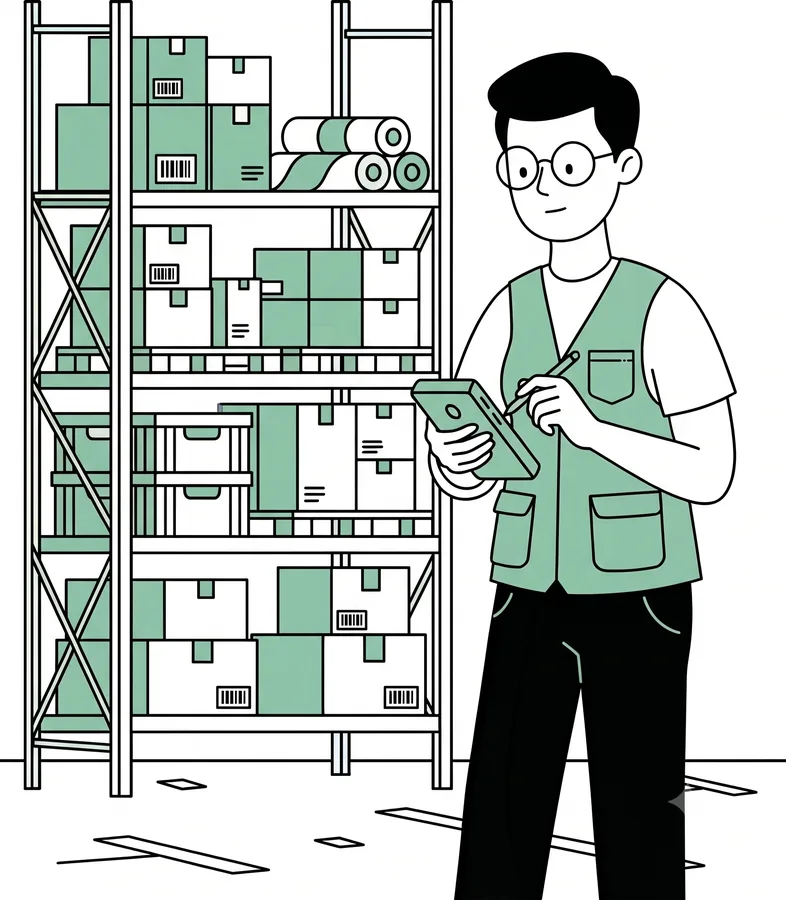 Warehouse worker using a mobile tool connected to 1C